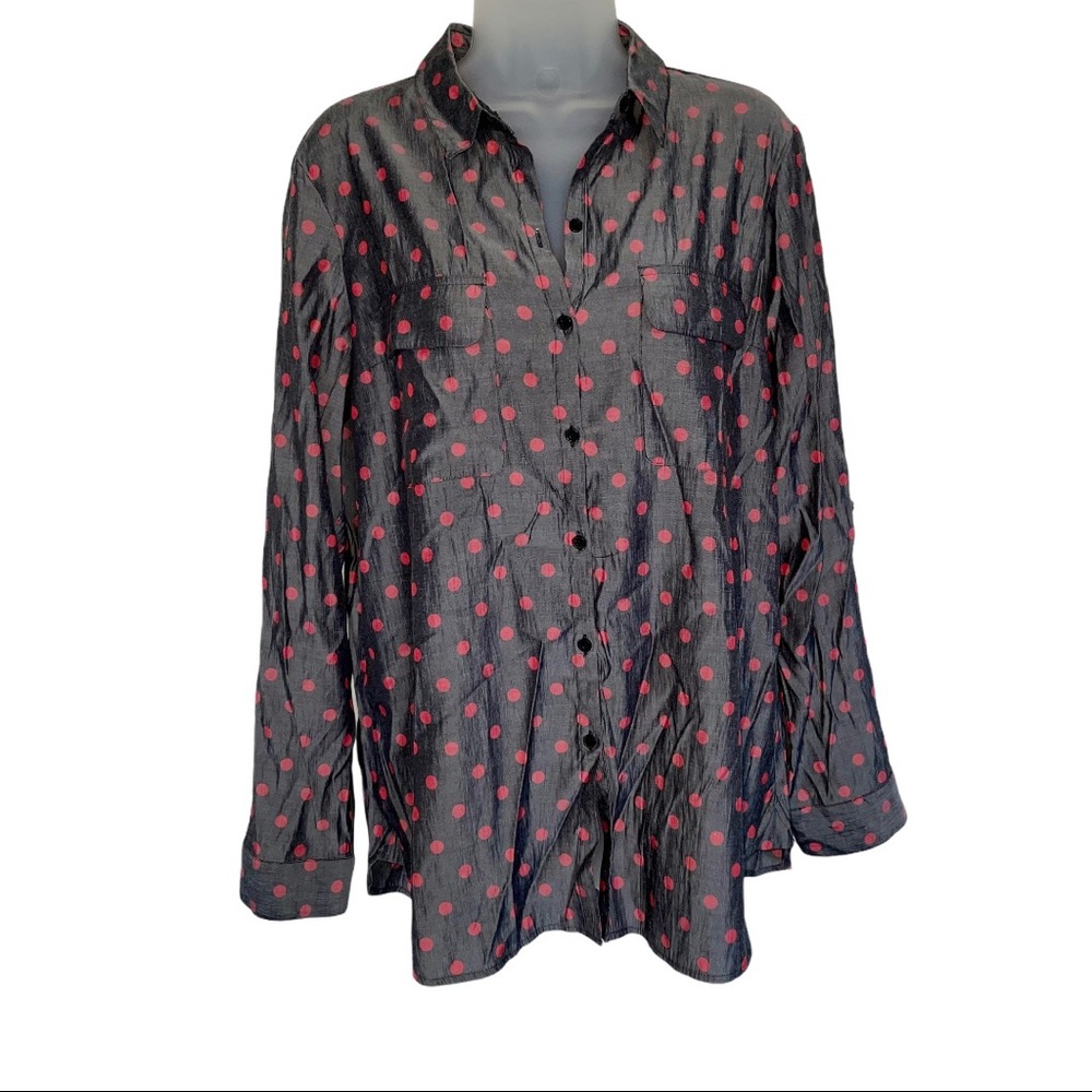 The City Shirt Express Polka Dot Button Up Blouse Gray Office Work